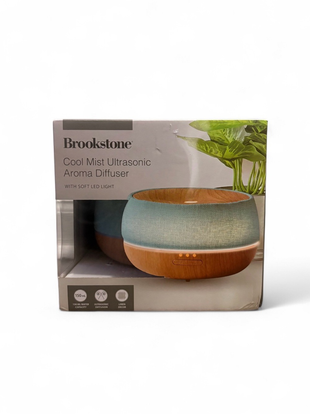Brookstone Ultrasonic Aroma Diffuser in Light Blue Linen with Wood Base